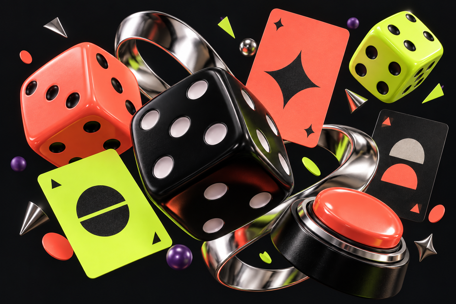 A burst of neon game pieces, dice, cards and a chrome loop